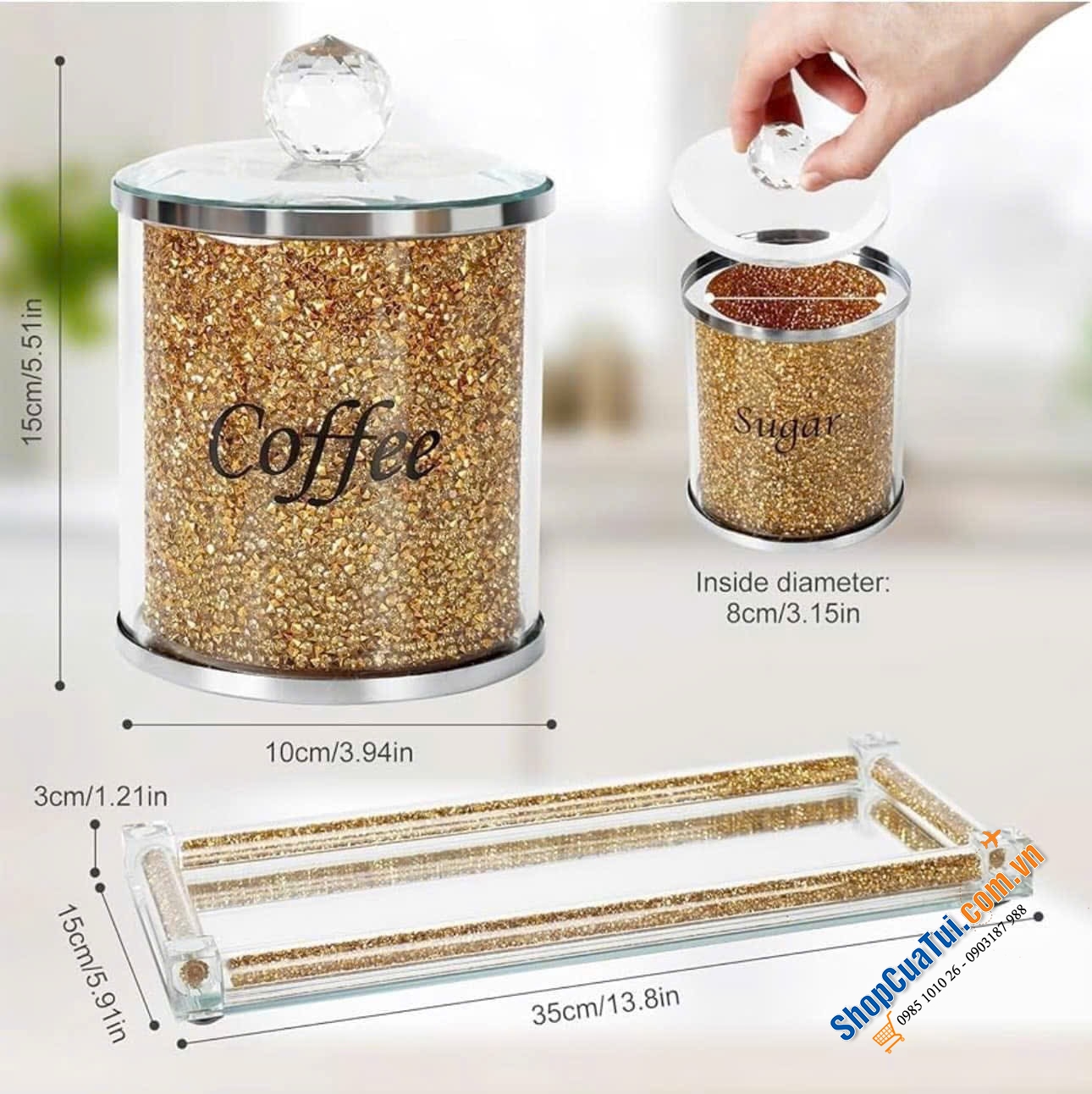 Set 3 hộp đựng pha lê kèm khay kim cương lấp lánh.