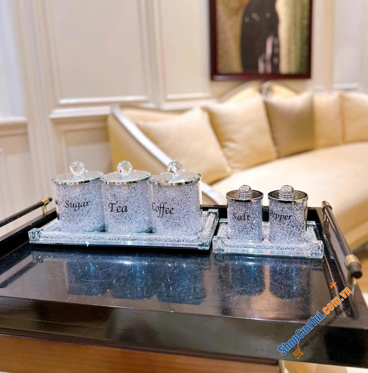 Set 3 hộp đựng pha lê kèm khay kim cương lấp lánh.