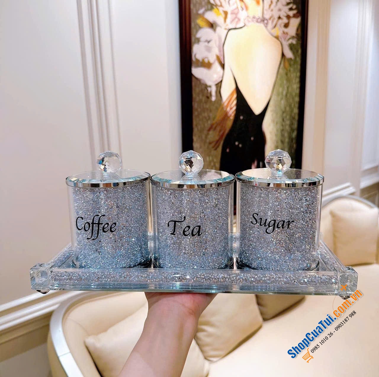 Set 3 hộp đựng pha lê kèm khay kim cương lấp lánh.