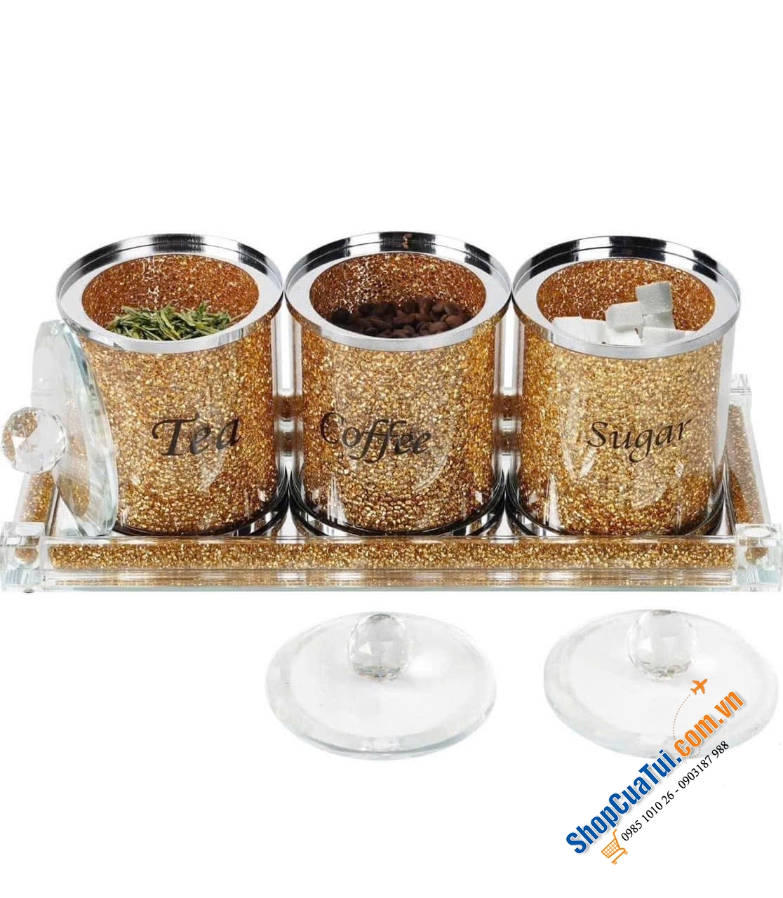 Set 3 hộp đựng pha lê kèm khay kim cương lấp lánh.