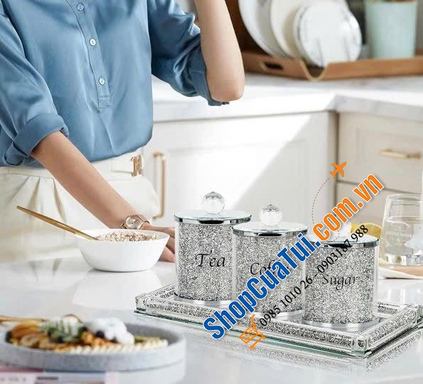 Set 3 hộp đựng pha lê kèm khay kim cương lấp lánh.