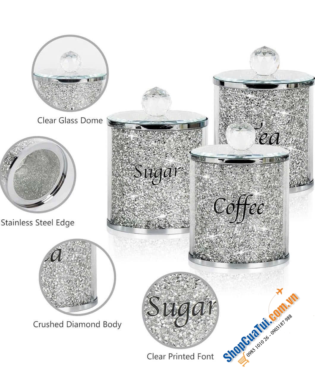 Set 3 hộp đựng pha lê kèm khay kim cương lấp lánh.