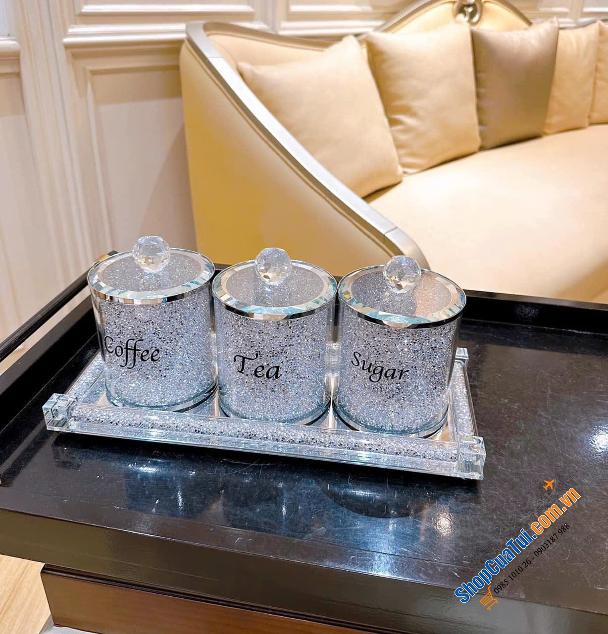 Set 3 hộp đựng pha lê kèm khay kim cương lấp lánh.