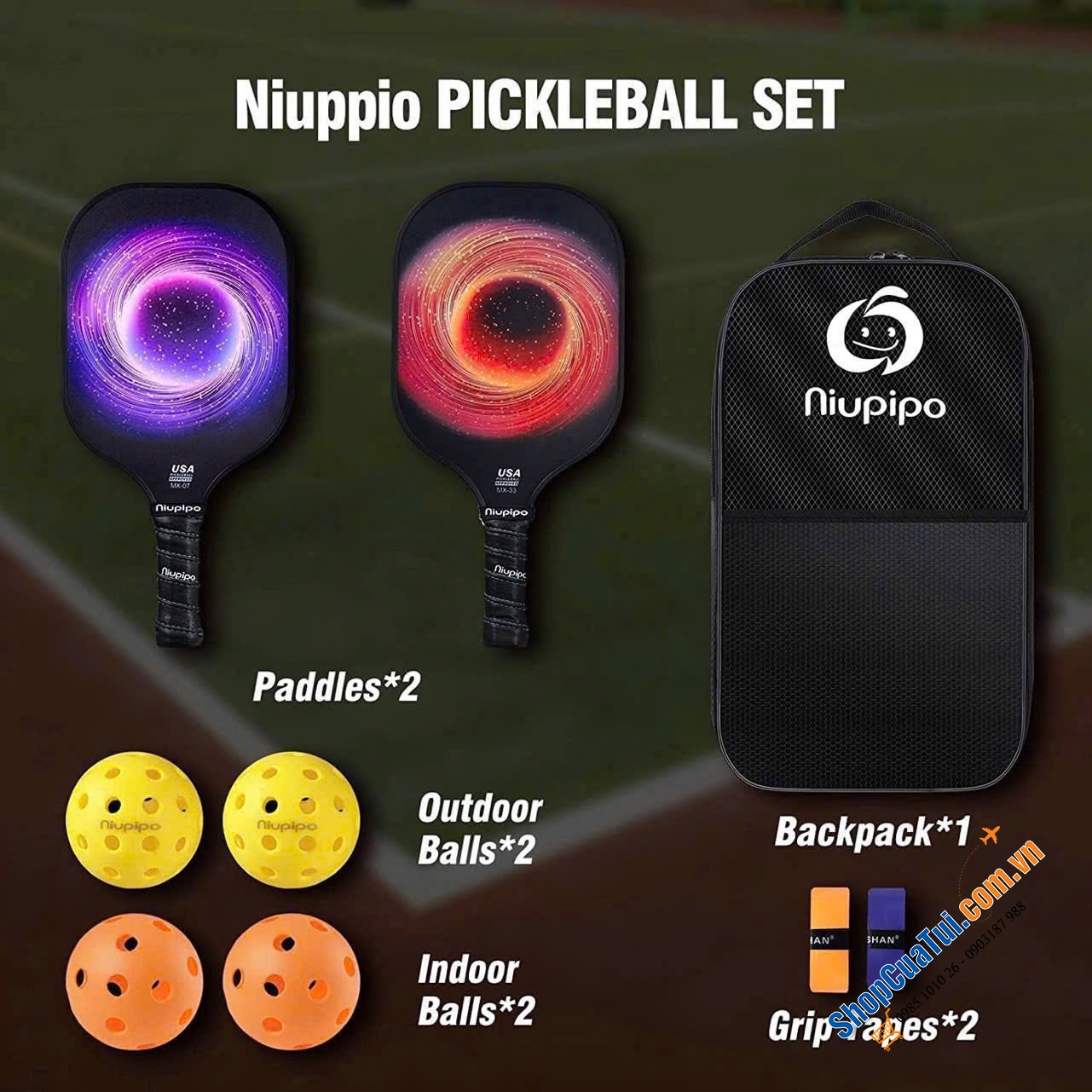 SÉT 2 VỢT PICKLEBALL NIUPIO thương hiệu Mỹ gồm 2 vợt nhẹ 235g, 1 túi đựng và 4 bóng