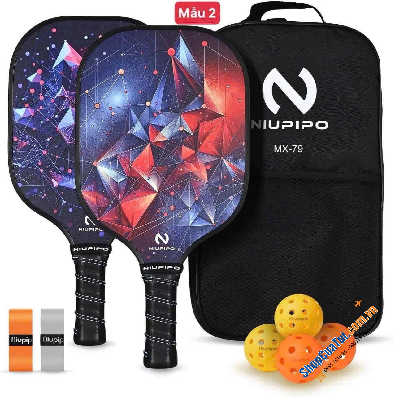 SÉT 2 VỢT PICKLEBALL NIUPIPO thương hiệu Mỹ gồm 2 vợt nhẹ 235g, 1 túi đựng và 4 bóng