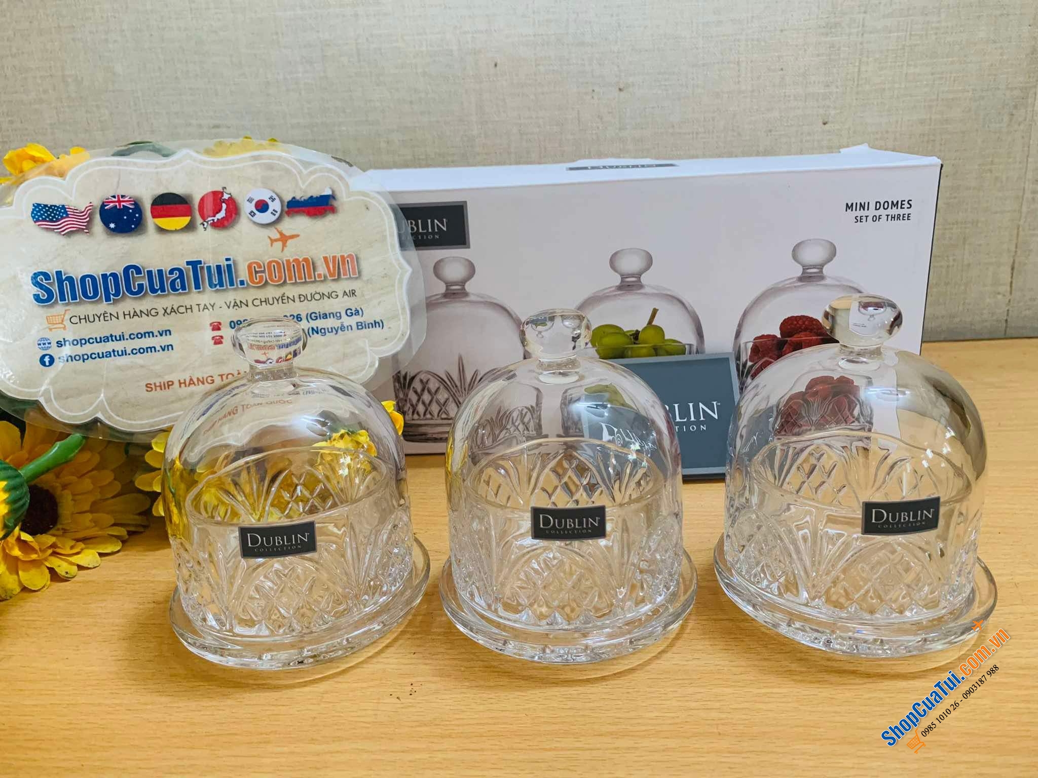 Set 3 hũ đựng bánh bơ mini Dome Dublin thuỷ tinh pha lê, bày trên bàn trà rất xinh - Sét 3 Hũ Dublin mini có chụp 11cm nhỏ nhỏ xinh xinh.