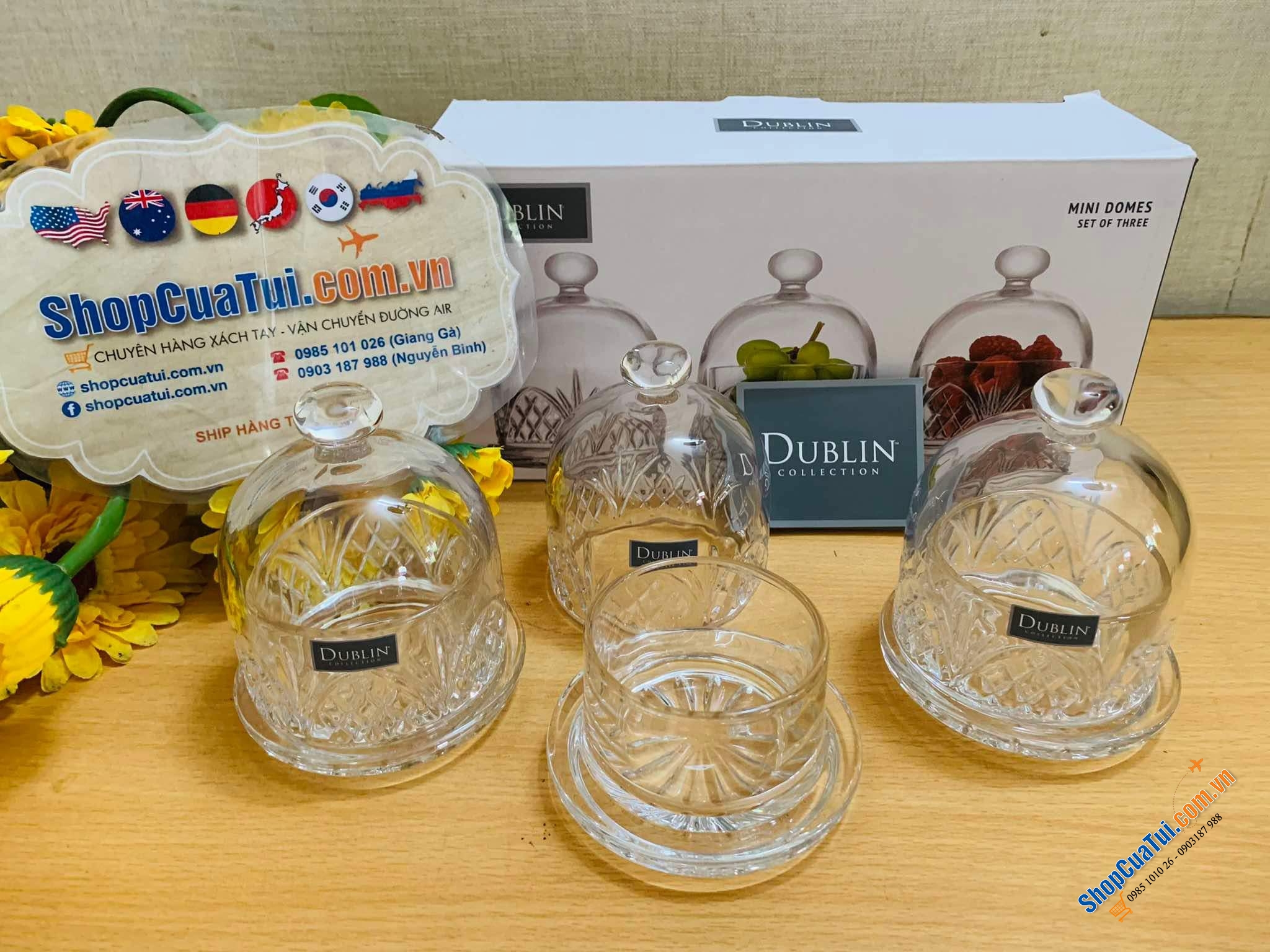 Set 3 hũ đựng bánh bơ mini Dome Dublin thuỷ tinh pha lê, bày trên bàn trà rất xinh - Sét 3 Hũ Dublin mini có chụp 11cm nhỏ nhỏ xinh xinh.