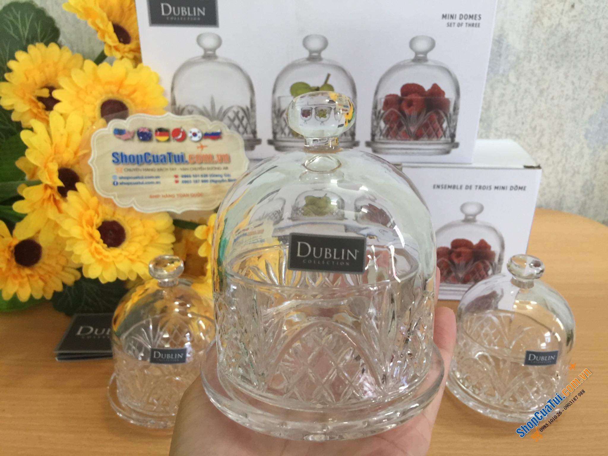 Set 3 hũ đựng bánh bơ mini Dome Dublin thuỷ tinh pha lê, bày trên bàn trà rất xinh - Sét 3 Hũ Dublin mini có chụp 11cm nhỏ nhỏ xinh xinh.