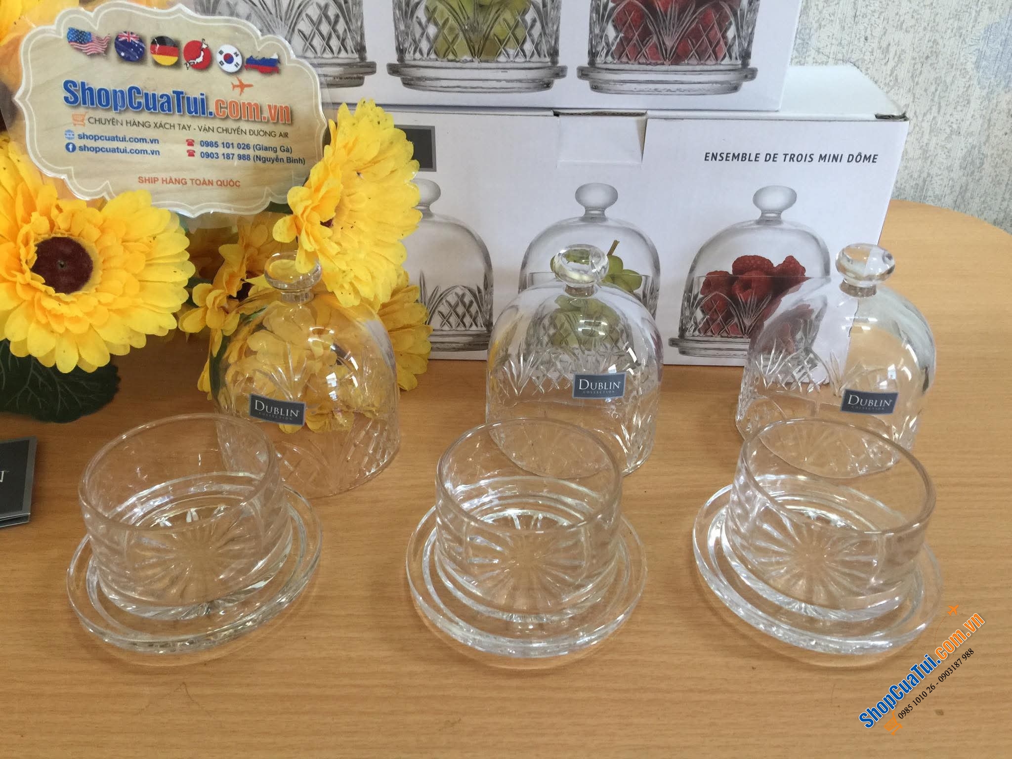 Set 3 hũ đựng bánh bơ mini Dome Dublin thuỷ tinh pha lê, bày trên bàn trà rất xinh - Sét 3 Hũ Dublin mini có chụp 11cm nhỏ nhỏ xinh xinh.