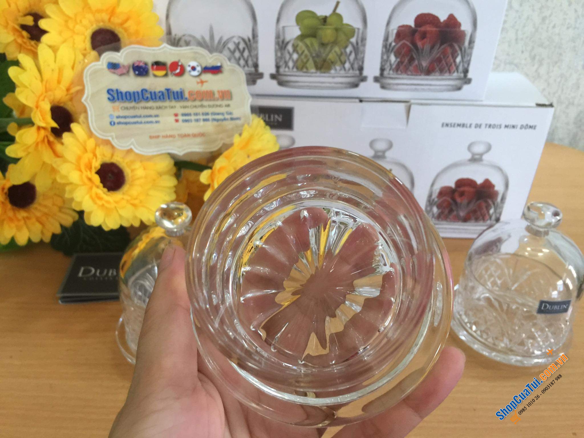 Set 3 hũ đựng bánh bơ mini Dome Dublin thuỷ tinh pha lê, bày trên bàn trà rất xinh - Sét 3 Hũ Dublin mini có chụp 11cm nhỏ nhỏ xinh xinh.