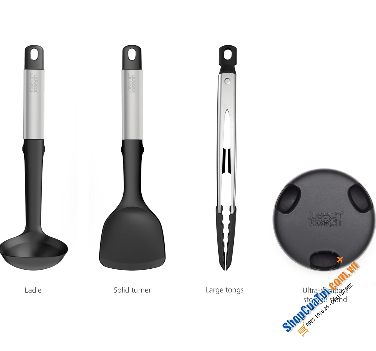 Bộ 3 dụng cụ nấu ăn silicone Joseph Joseph Elevate Fusion Steel - chịu nhiệt, tay cầm bằng thép không gỉ kiểu dáng đẹp và giá đỡ dụng cụ tích hợp