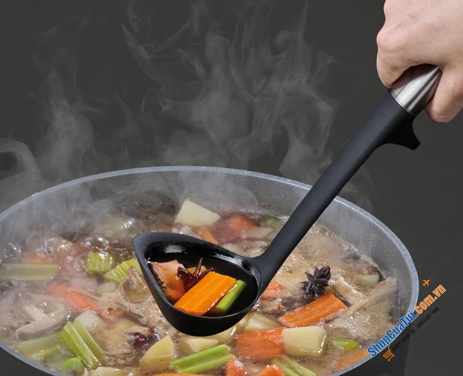 Bộ 3 dụng cụ nấu ăn silicone Joseph Joseph Elevate Fusion Steel - chịu nhiệt, tay cầm bằng thép không gỉ kiểu dáng đẹp và giá đỡ dụng cụ tích hợp