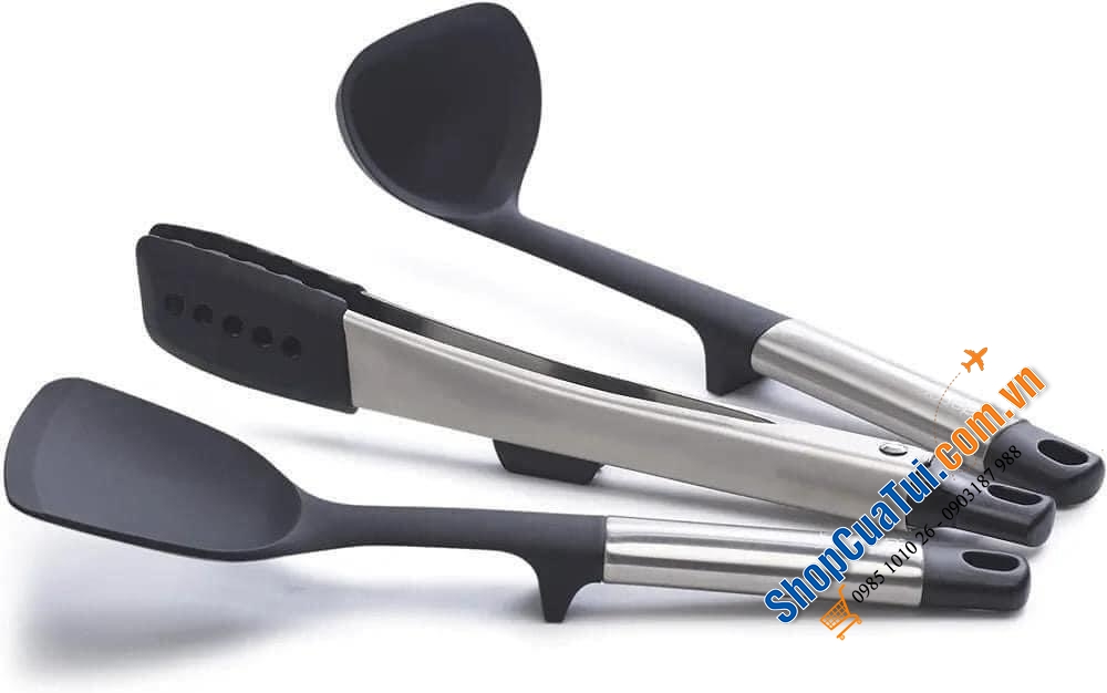 Bộ 3 dụng cụ nấu ăn silicone Joseph Joseph Elevate Fusion Steel - chịu nhiệt, tay cầm bằng thép không gỉ kiểu dáng đẹp và giá đỡ dụng cụ tích hợp