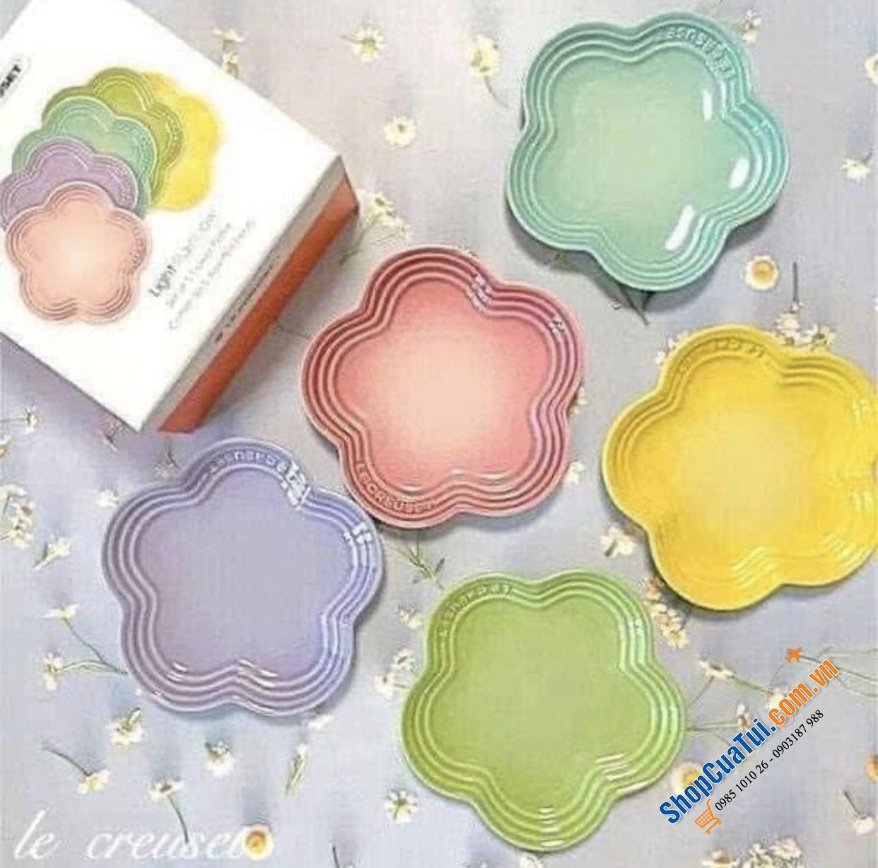 Set 5 đĩa hoa Le Creuset size 14cm màu pastel.