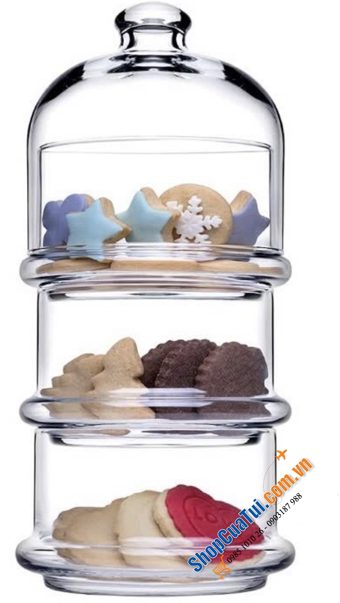 Set 3 hộp đựng bánh xếp chồng lên nhau Pasabahce - Sét 3 hũ bánh xếp chồng mini Pasa