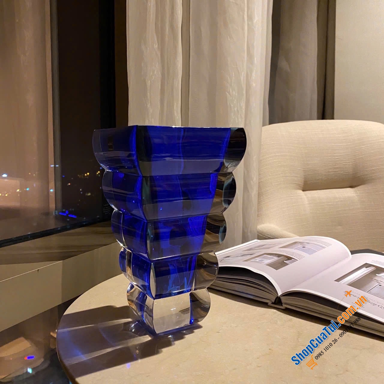 Lọ hoa pha lê Rogaska Adria size 25cm SANG, XỊN, MỊN - MÀU XANH DƯƠNG