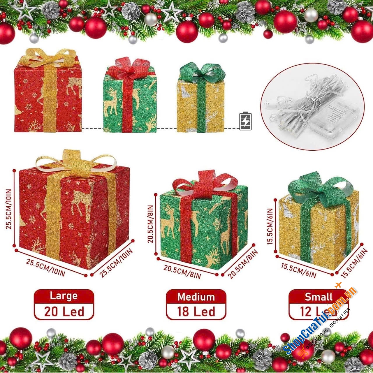 Sét 3 hộp quà giáng sinh Perfeclan kèm đèn LED - tuyệt vời để trang trí dưới cây thông Noel, hiên nhà, lối đi, sân văn phòng, cửa hàng