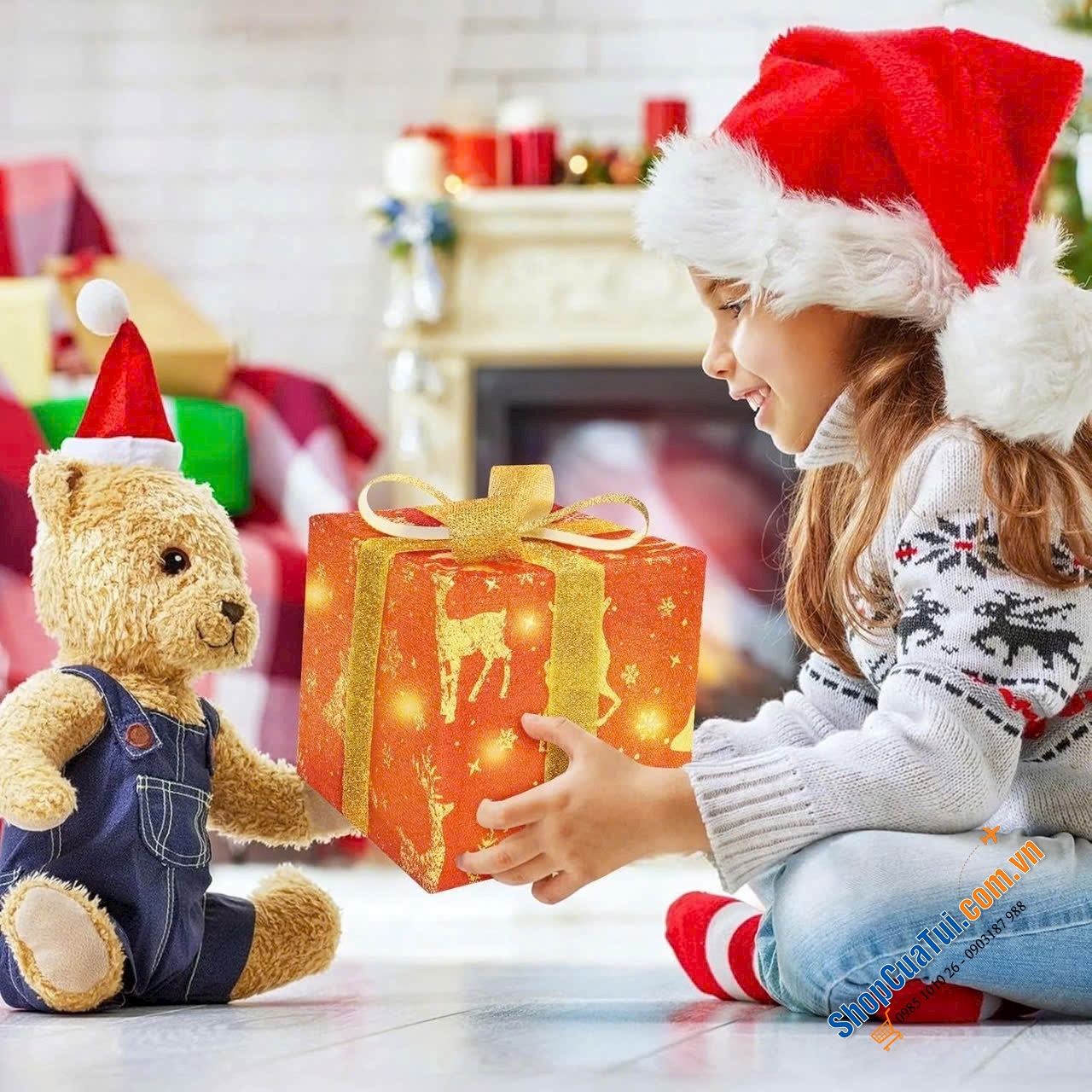 Sét 3 hộp quà giáng sinh Perfeclan kèm đèn LED - tuyệt vời để trang trí dưới cây thông Noel, hiên nhà, lối đi, sân văn phòng, cửa hàng