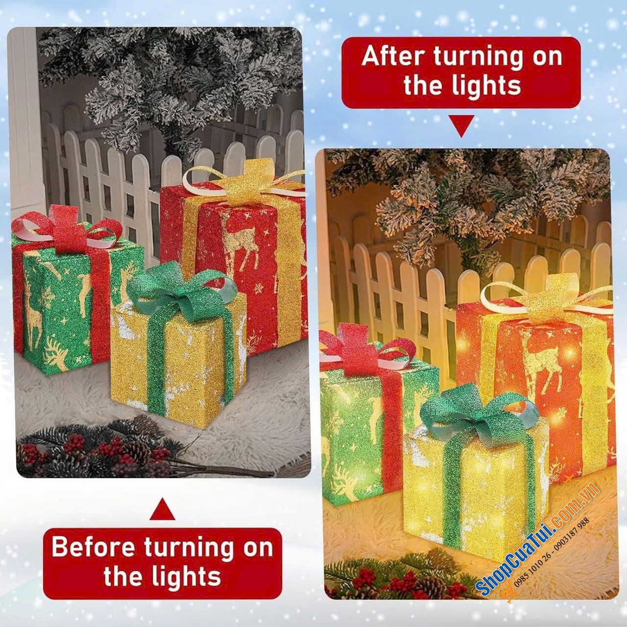 Sét 3 hộp quà giáng sinh Perfeclan kèm đèn LED - tuyệt vời để trang trí dưới cây thông Noel, hiên nhà, lối đi, sân văn phòng, cửa hàng