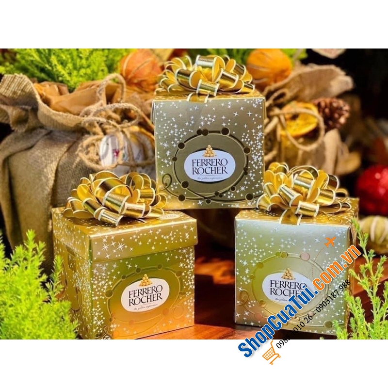 Sô cô la Ferraro Rocher vuông nơ vàng 225g Đức hộp 18 viên