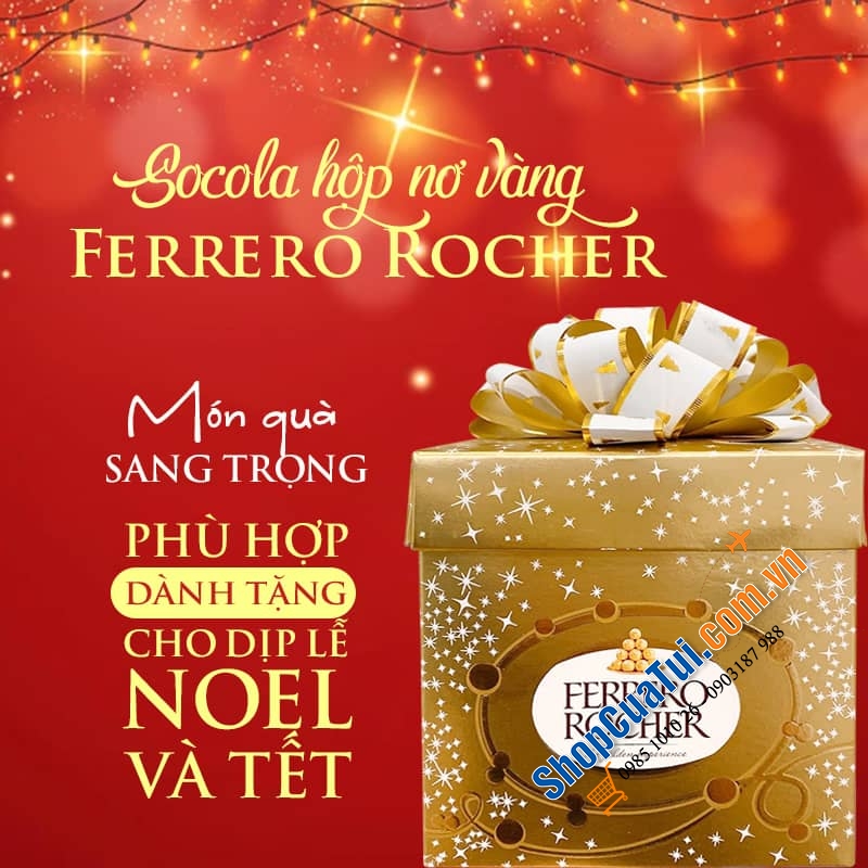 Sô cô la Ferraro Rocher vuông nơ vàng 225g Đức hộp 18 viên