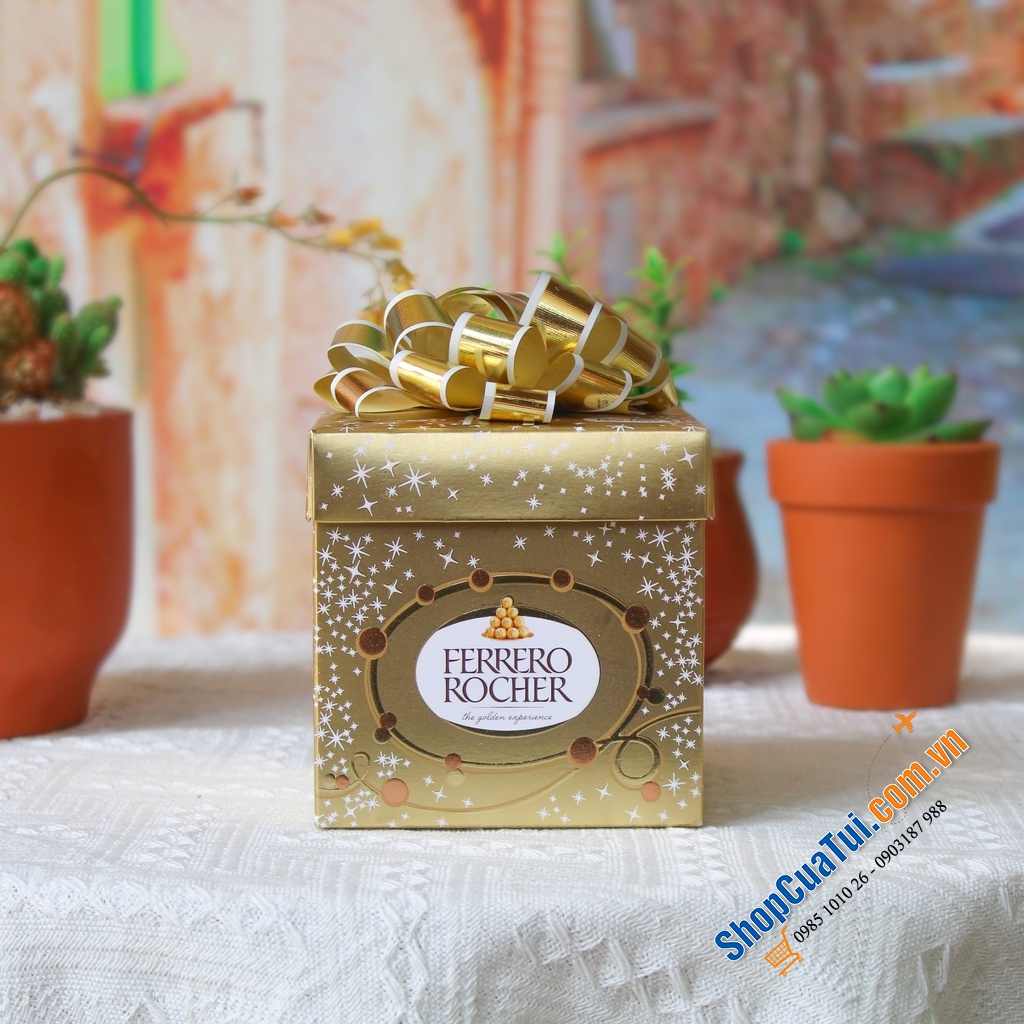Sô cô la Ferraro Rocher vuông nơ vàng 225g Đức hộp 18 viên