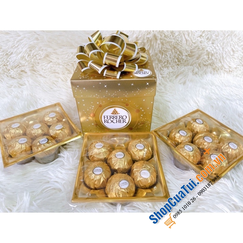 Sô cô la Ferraro Rocher vuông nơ vàng 225g Đức hộp 18 viên