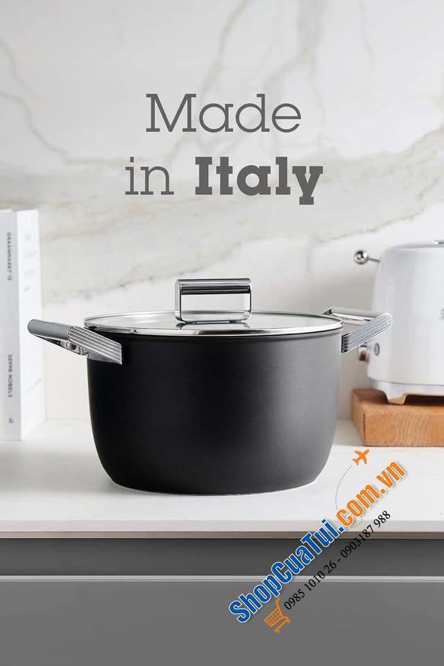 Full bộ nồi chảo Smeg đen nhám- Made in Italy.