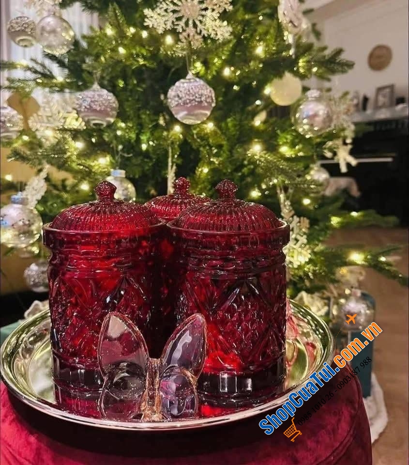 Hũ đựng kẹo, bánh quy pha lê Dublin mầu đỏ & trắng.