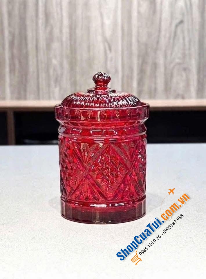 Hũ đựng kẹo, bánh quy pha lê Dublin mầu đỏ & trắng.