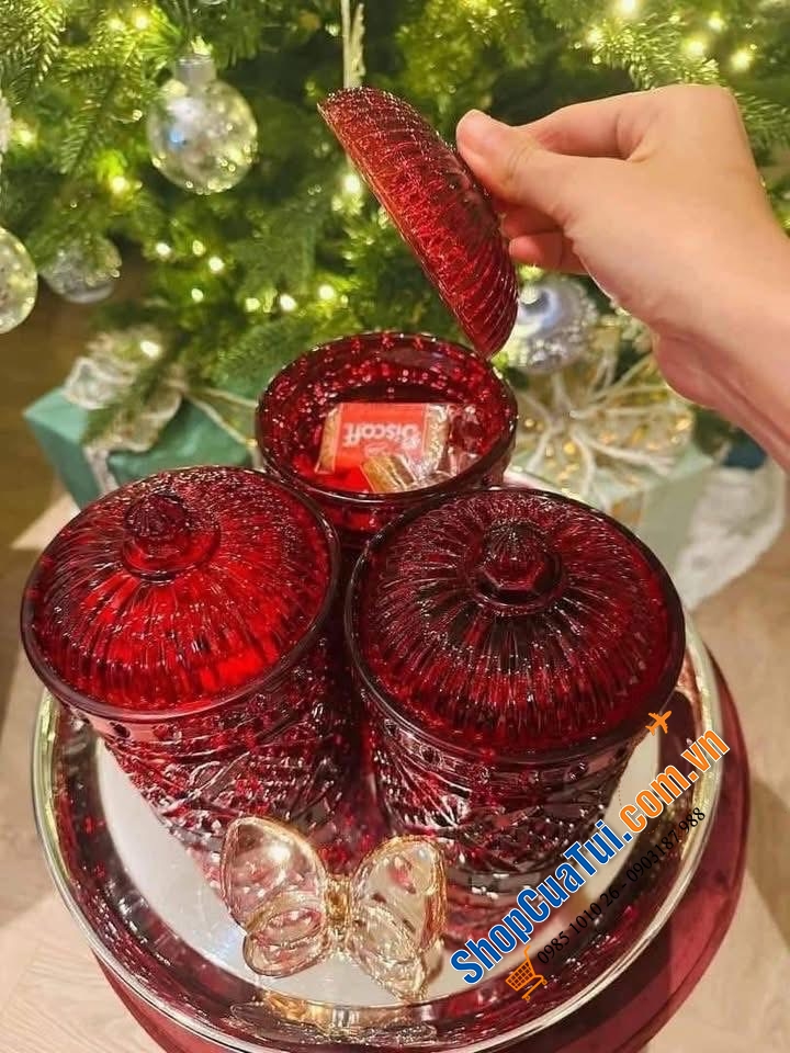 Hũ đựng kẹo, bánh quy pha lê Dublin mầu đỏ & trắng.