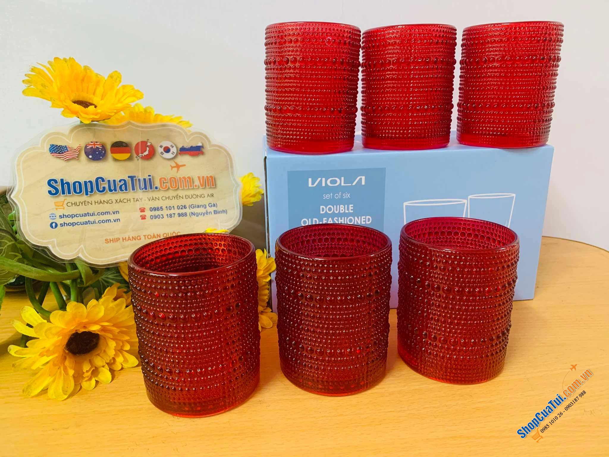 Set 6 Cốc hạt cườm Viola Germany đỏ 300ml dáng trụ