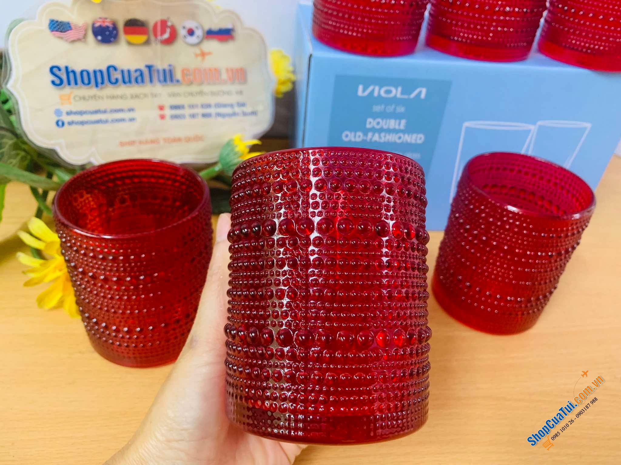 Set 6 Cốc hạt cườm Viola Germany đỏ 300ml dáng trụ