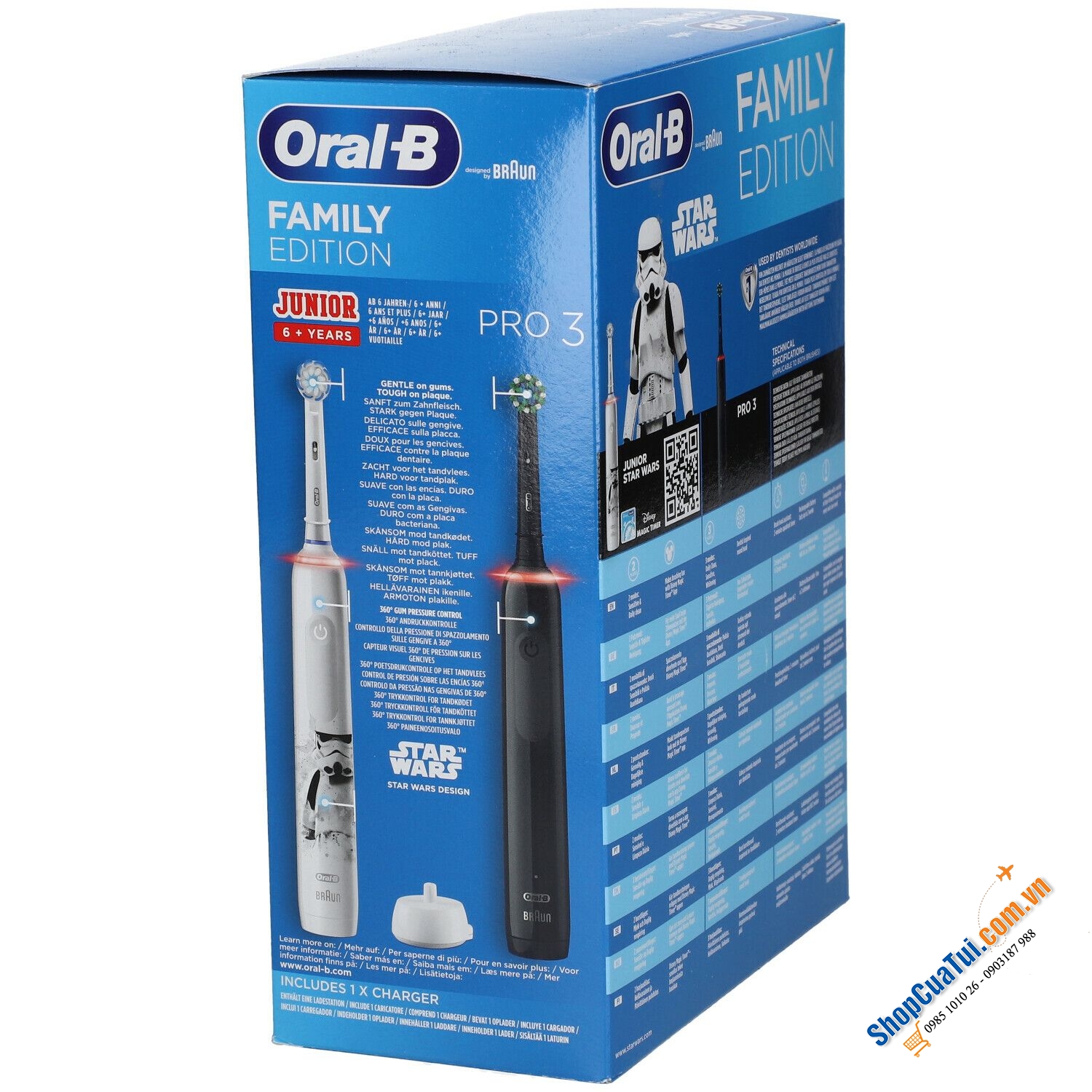 SET 2 BÀN CHẢI ĐÁNH RĂNG ORAL-B PRO 3 STAR WAR FAMILY EDITION - gồm 1 bàn chải người lớn, 1 bàn chải trẻ em và 3 đầu bàn chải