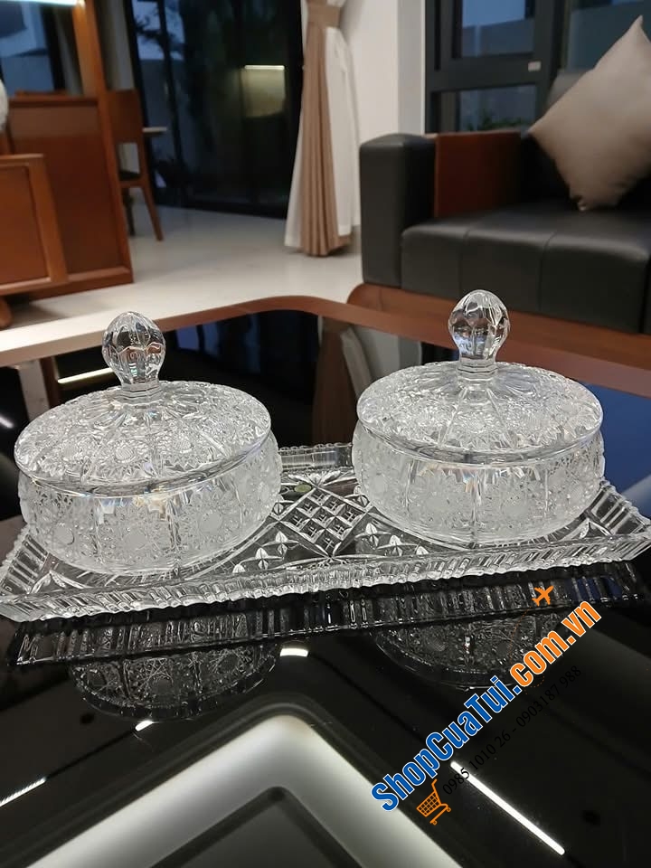 Khay chữ nhật BOHEMIA hoa văn xoắn kết hợp mài hoa văn M57 kích thước 40x 17cm