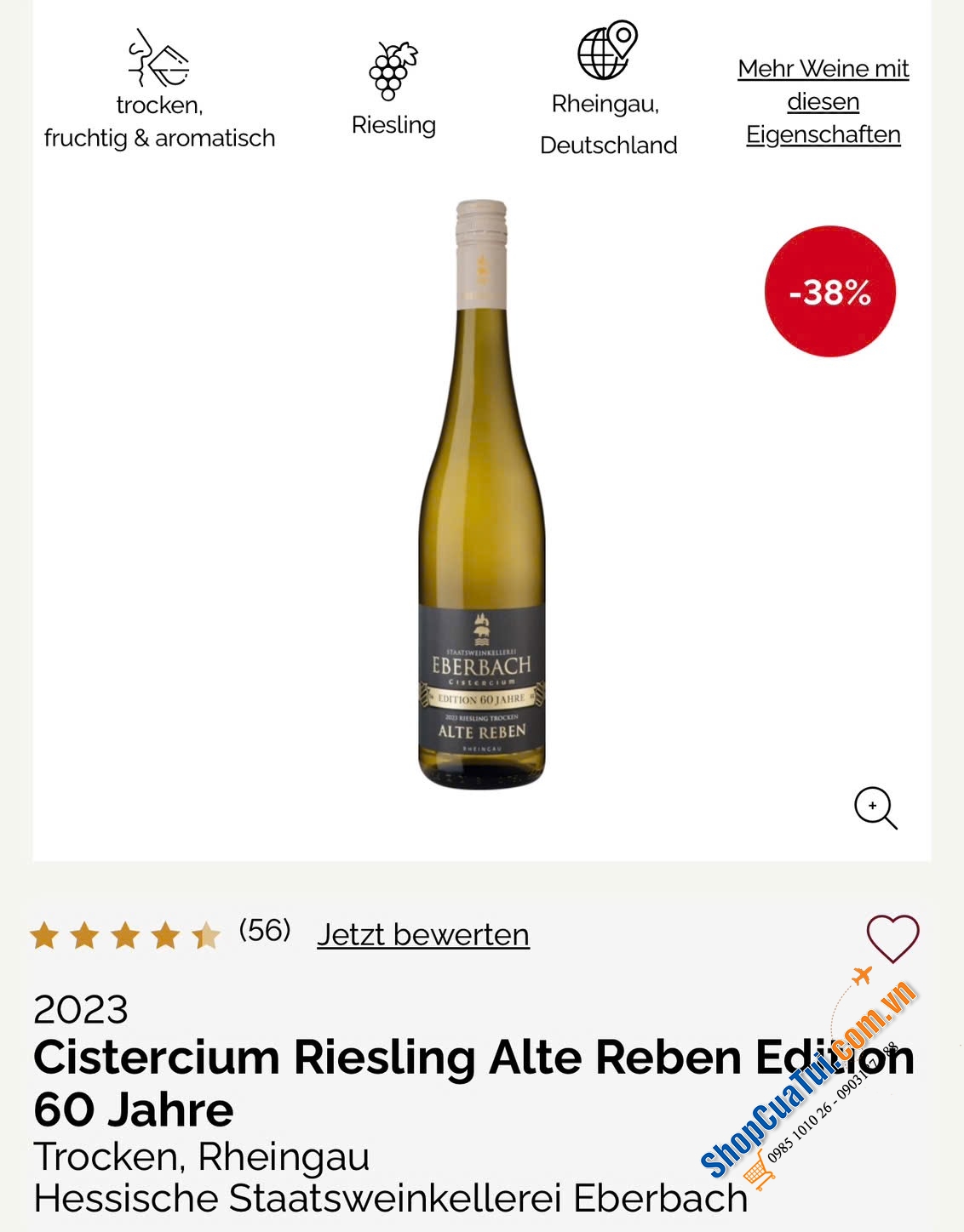 RƯỢU VANG TRẮNG CỦA ĐỨC 12 độ chai 750ml Phiên bản đặc biệt của Riesling Blattgold: Cistercium Riesling Alte Reben Edition 60 Jahre