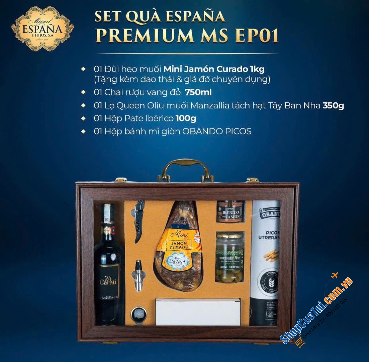Set Quà tết MS EP01: Set Quà ESPAÑA PREMIUM 5 món với Đùi heo muối Mini Jamón Curado 1kg – Tinh tế trong từng chi tiết