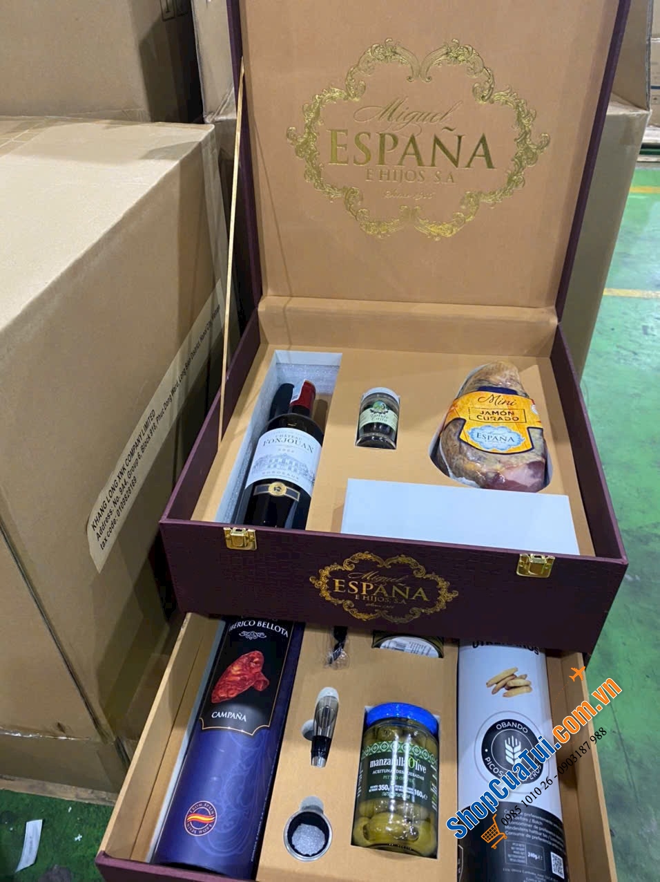 Set Quà tết MS EL01: Set Quà ESPAÑA LUXURY 7 món với Đùi heo muối Mini Jamón Curado 1kg – Hộp Quà Sang Trọng