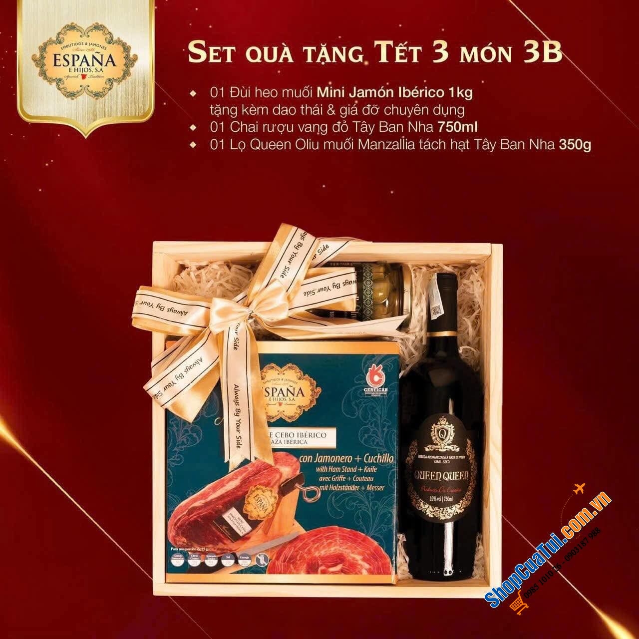Set Quà tết 3B: Set Quà 3 món với Đùi heo muối Mini Jamón Ibérico 1kg – Sản xuất từ giống heo Ibérica quý hiếm - tặng kèm dao và giá đỡ