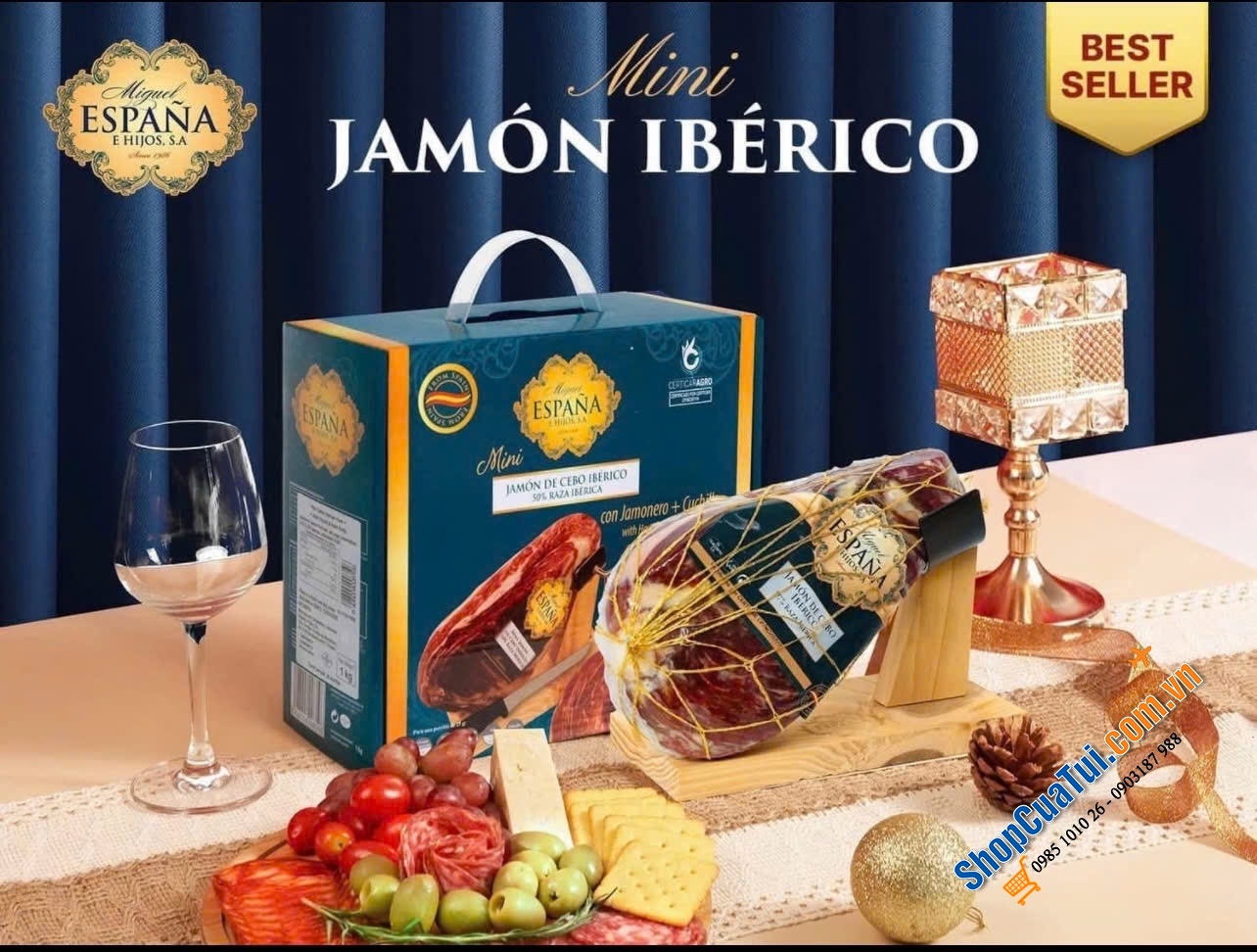 Set Quà tết 3B: Set Quà 3 món với Đùi heo muối Mini Jamón Ibérico 1kg – Sản xuất từ giống heo Ibérica quý hiếm - tặng kèm dao và giá đỡ