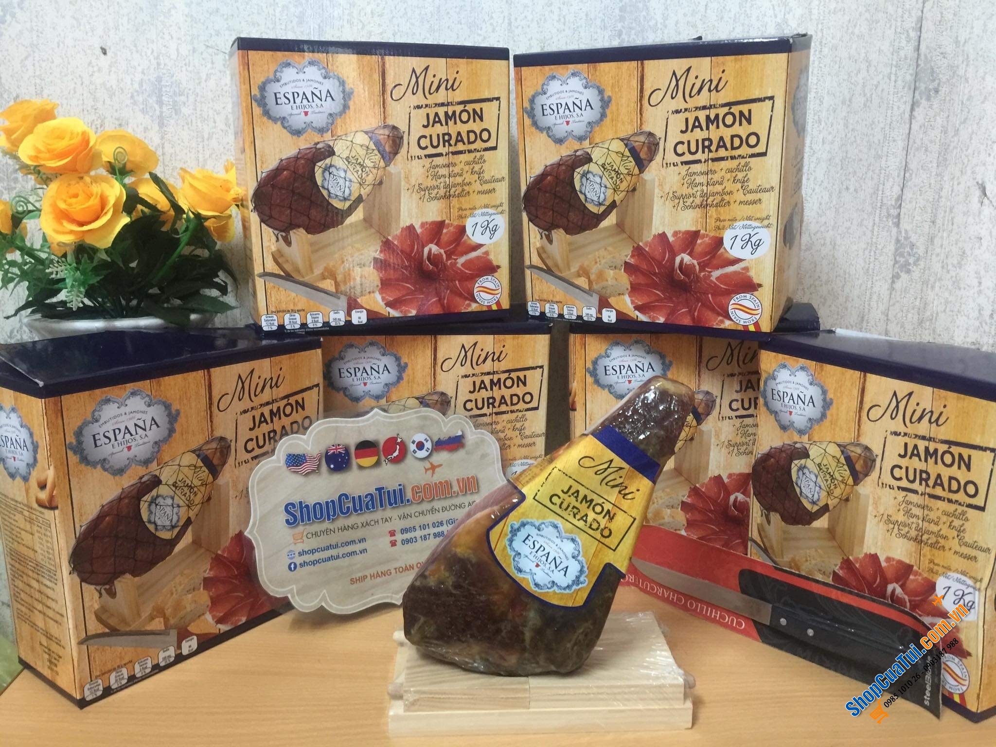 Set Quà tết 3A: Set Quà 3 món với Đùi heo muối Mini Jamón Curado 1kg - tặng kèm dao và giá đỡ