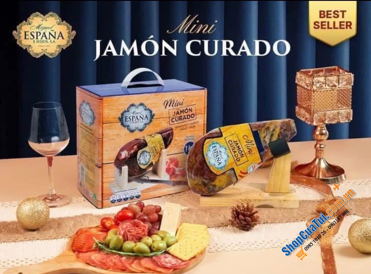 Set Quà tết 3A: Set Quà 3 món với Đùi heo muối Mini Jamón Curado 1kg - tặng kèm dao và giá đỡ