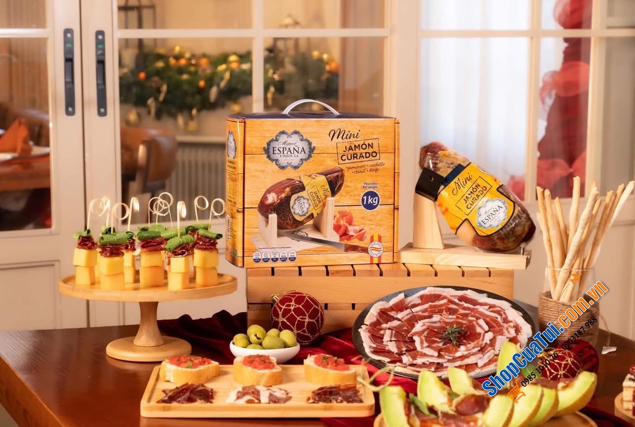 Set Quà tết 5A: Set Quà 5 món với Đùi heo muối Mini Jamón Curado 1kg - tặng kèm dao và giá đỡ