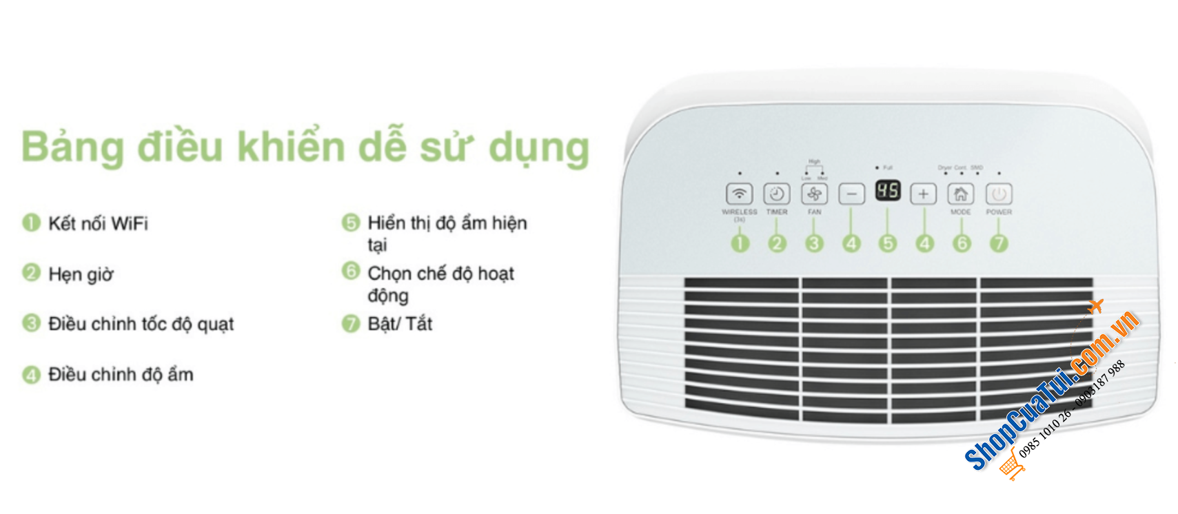 MÁY HÚT ẨM COMFEE MDDF-20DEN7-WF - CÔNG SUẤT 20L (Tương đương phòng từ 40 - 60m2) - KẾT NỐI APP - WIFI.