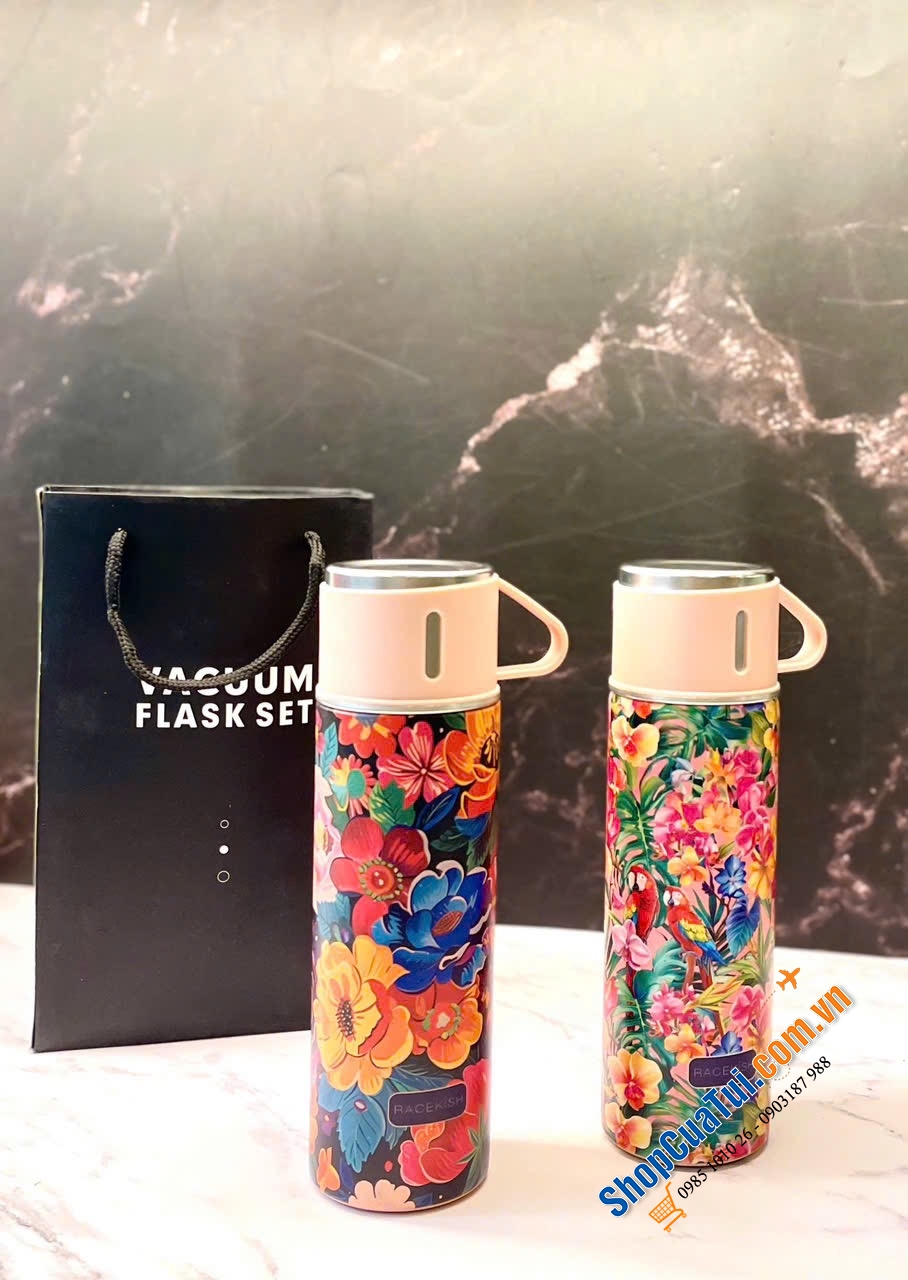 Magrace - Set 2 bình giữ nhiệt hoa lá nhiệt đới 500ml Vacuum Flask phong cách Châu Âu
