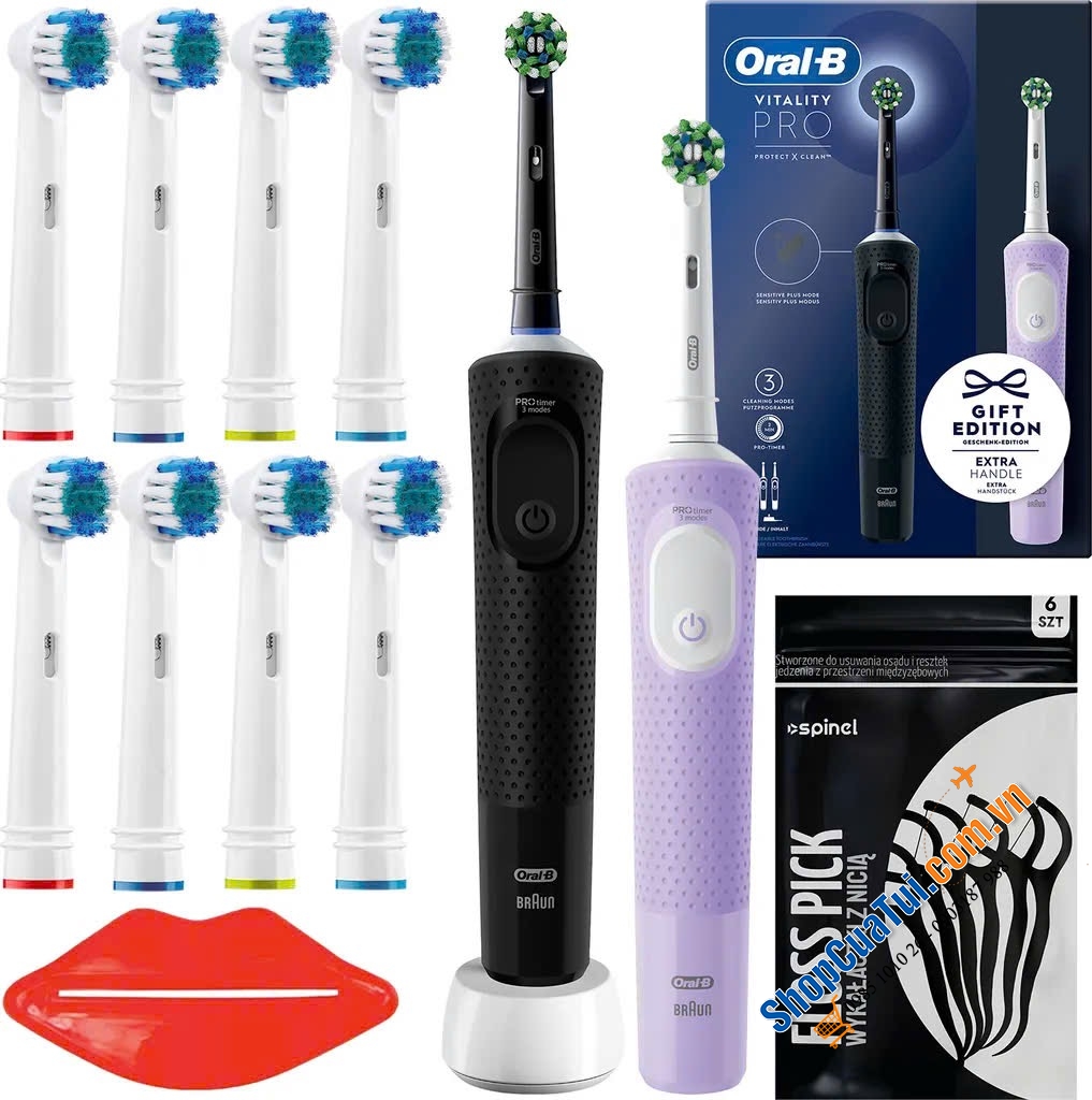 Set 02 Bàn chải điện Oral-B Vitality PRO Protect X Clean kèm 8 đầu thay, tặng 6 tăm nha khoa và dụng cụ vắt kem đánh răng