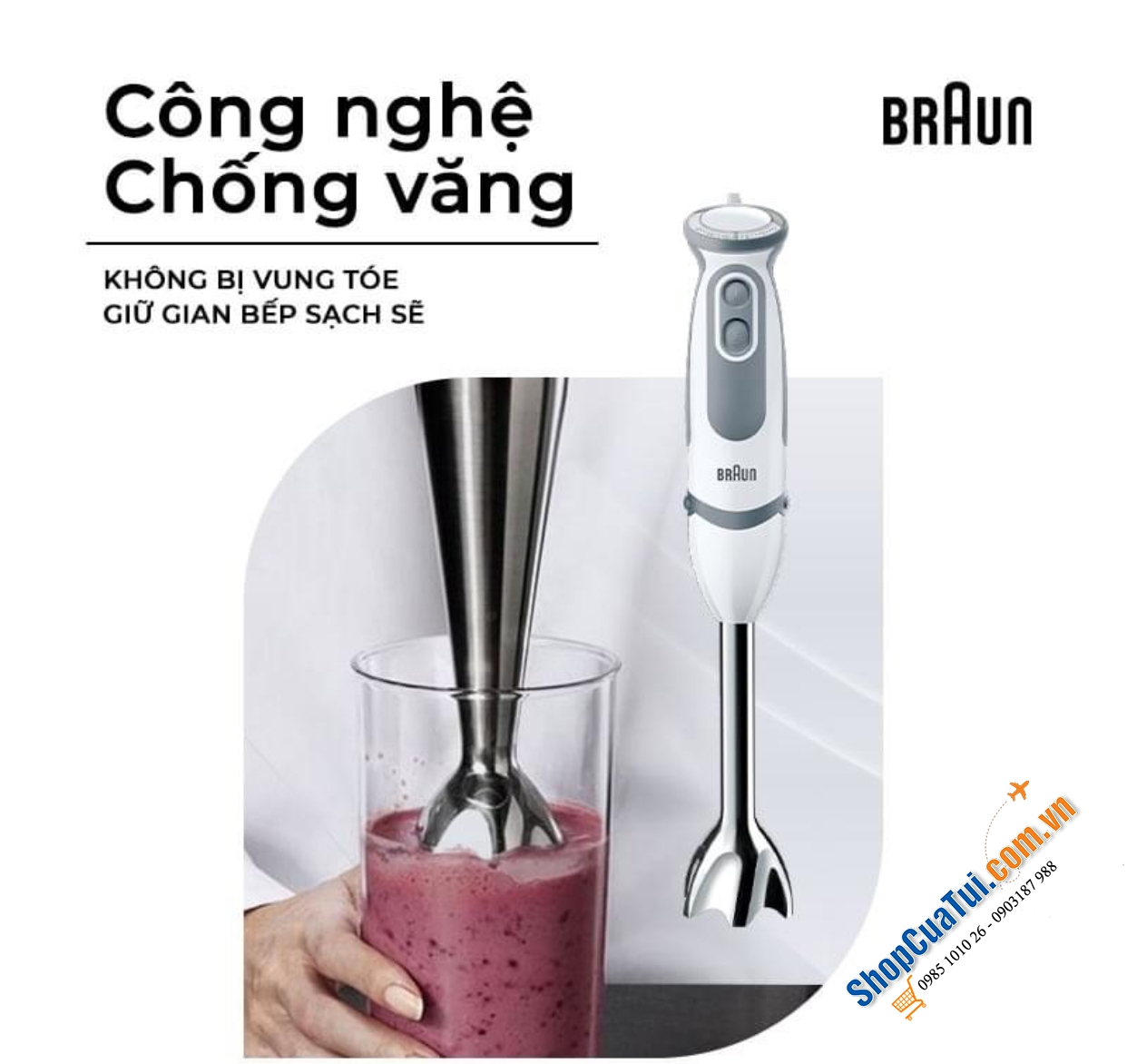 Máy xay sinh tố Braun MQ 5235 made in EU, bộ máy xay cầm tay màu trắng siêu xinh, xay cháo, súp, sinh tố, thịt, đánh trứng,...