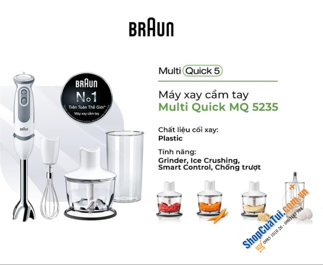 Máy xay sinh tố Braun MQ 5235 made in EU, bộ máy xay cầm tay màu trắng siêu xinh, xay cháo, súp, sinh tố, thịt, đánh trứng,...