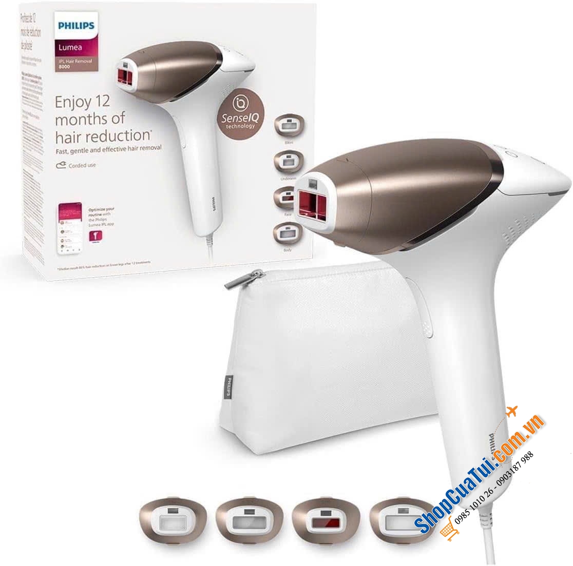 MÁY TRIỆT LÔNG PHILIPS LUMEA IPL 8000 BRI948/00 công nghệ SenseIQ và cảm biến SmartSkin mang lại hiệu quả cao, kèm theo các dụng cụ có thể triệt toàn thần (cơ thể, khuôn mặt, bikini, nách)