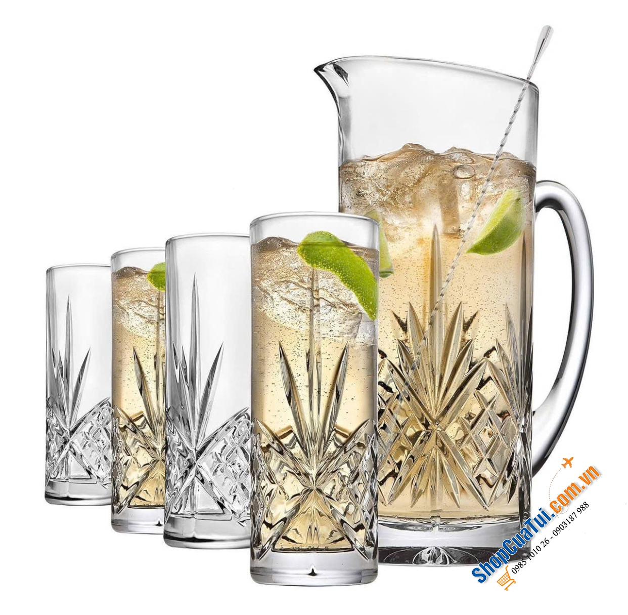 Sét bình cốc 6 món Godinger Dublin Barware gồm 1 bình đựng nước 1005ml, 1 que khuấy và 4 Cốc 354ml